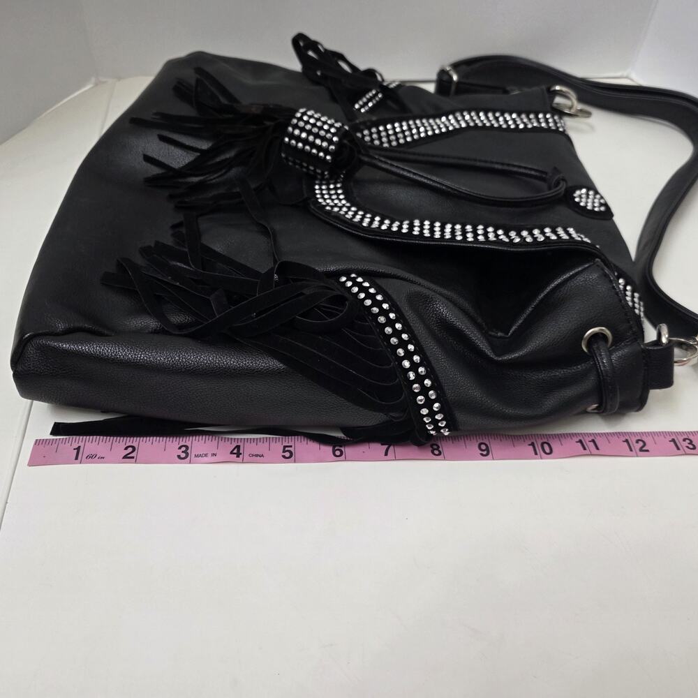 Black Boho Western Fringe Crossbody Purse Studded Faux Leather Shoulder Bag - Picture 11 of 12